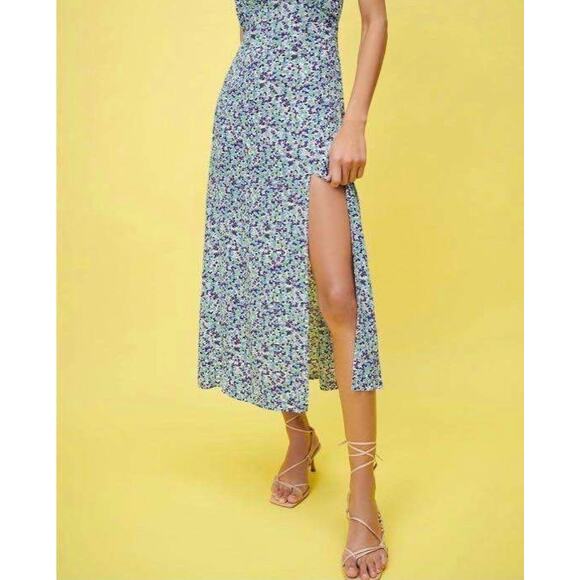 Zara Blue Floral Smocked V Neck Sleeveless Cami Camisole Slit Sheath Midi Dress - Picture 3 of 13